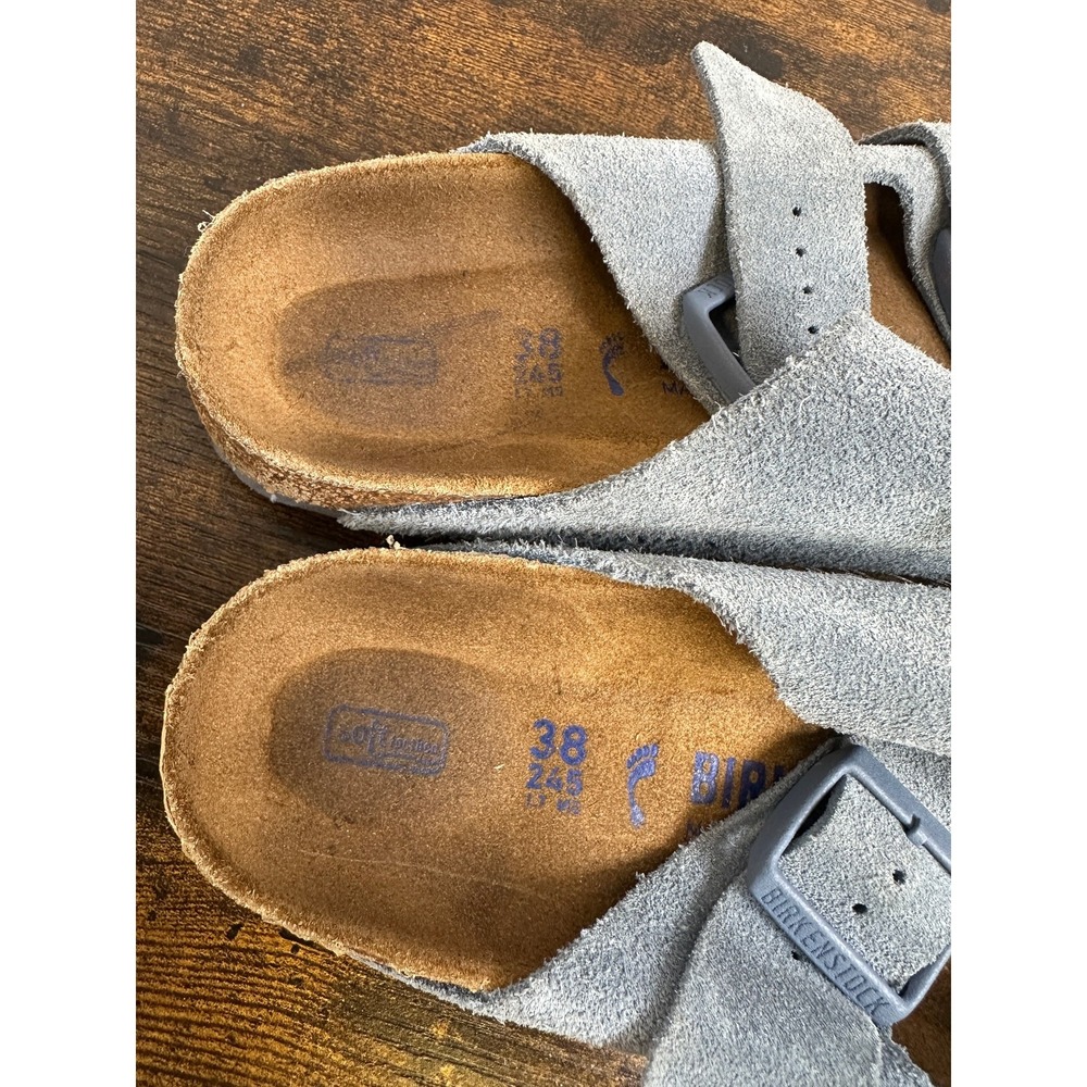 Birkenstock Arizona Soft Footbed Suede Sandals Buckle Blue Slides Size 38 L7 M9 - Picture 13 of 14